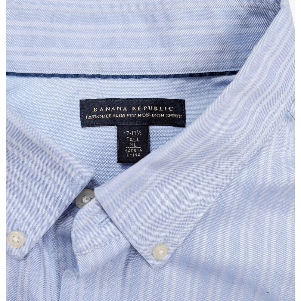 Banana Republic Tailored Slim Fit Blue Striped Non-Iron Shirt Men's Size 17-17.5